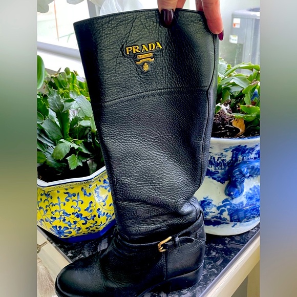 Prada Vintage Black Textured Leather Riding Boots, size 37 1/2 European 7.5 - Picture 1 of 6